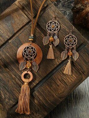 NWT Boho Dreamcatcher Wood Long Pendant Tassel Necklace Earrings Jewelry Set